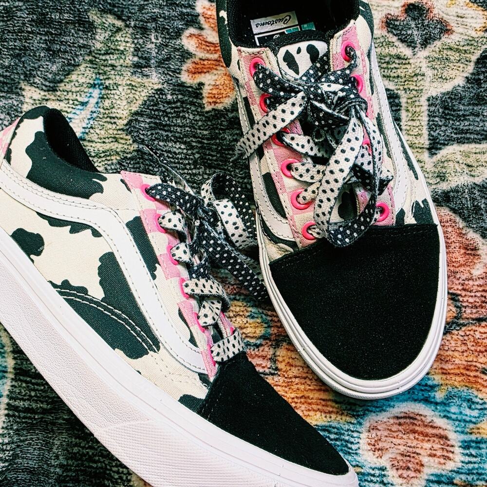 Vans Old Skool ComfyCush Customs Cow Print Pink Checkerboard Sneakers Size 7 - Picture 6 of 13